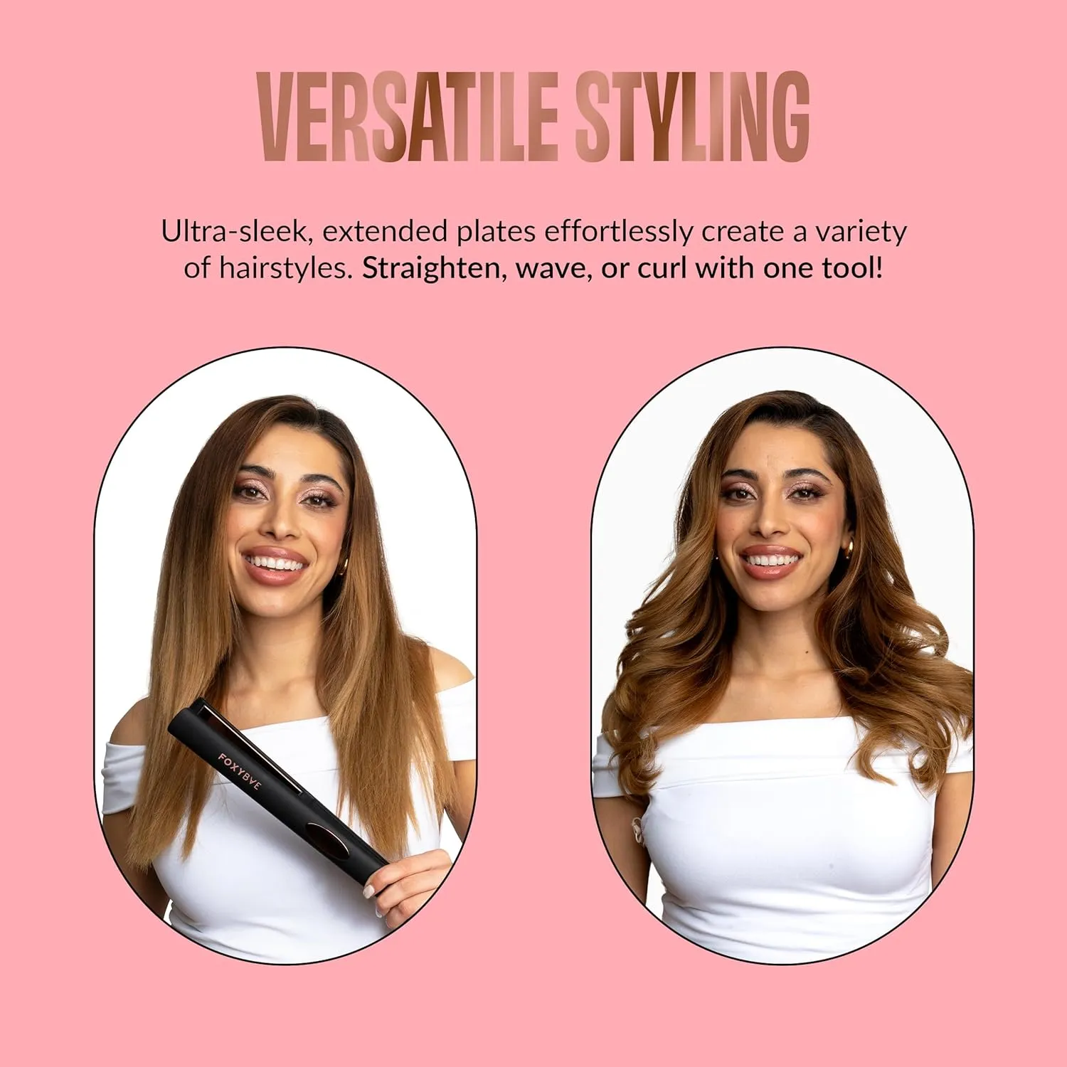FoxyBae Trés Sleek Titanium Flat Iron Hair Straightener - Frizz-Free, Shinier & Smoother Locks - Dual Voltage Styling Tools - w/LCD Display, Temperature Control, Auto Shut-Off 1" [Black Rose-Gold]