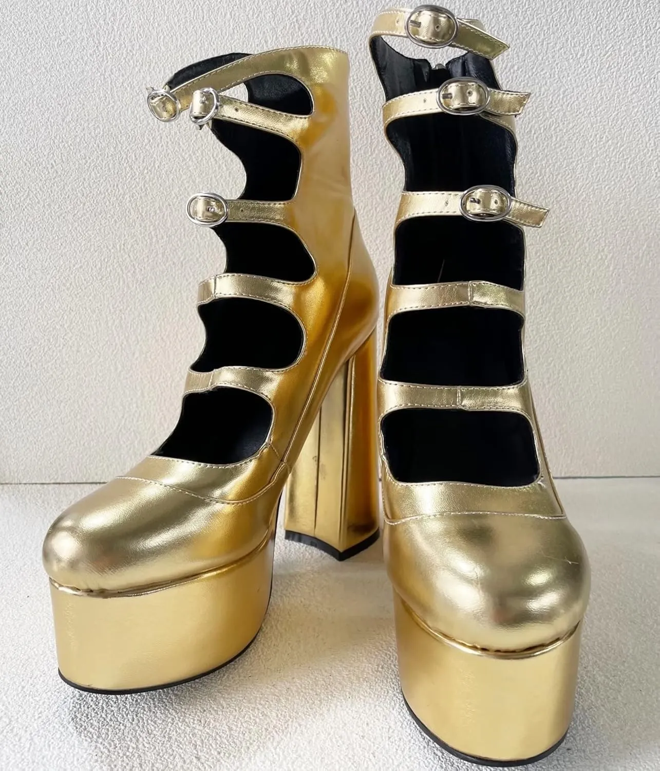 Frankie Hsu Lolita Women's Large Size Buckle Strap Leopard Patent Leather Platform Chunky Block High Heels Ankle Heeled Sandal Boots Shoes