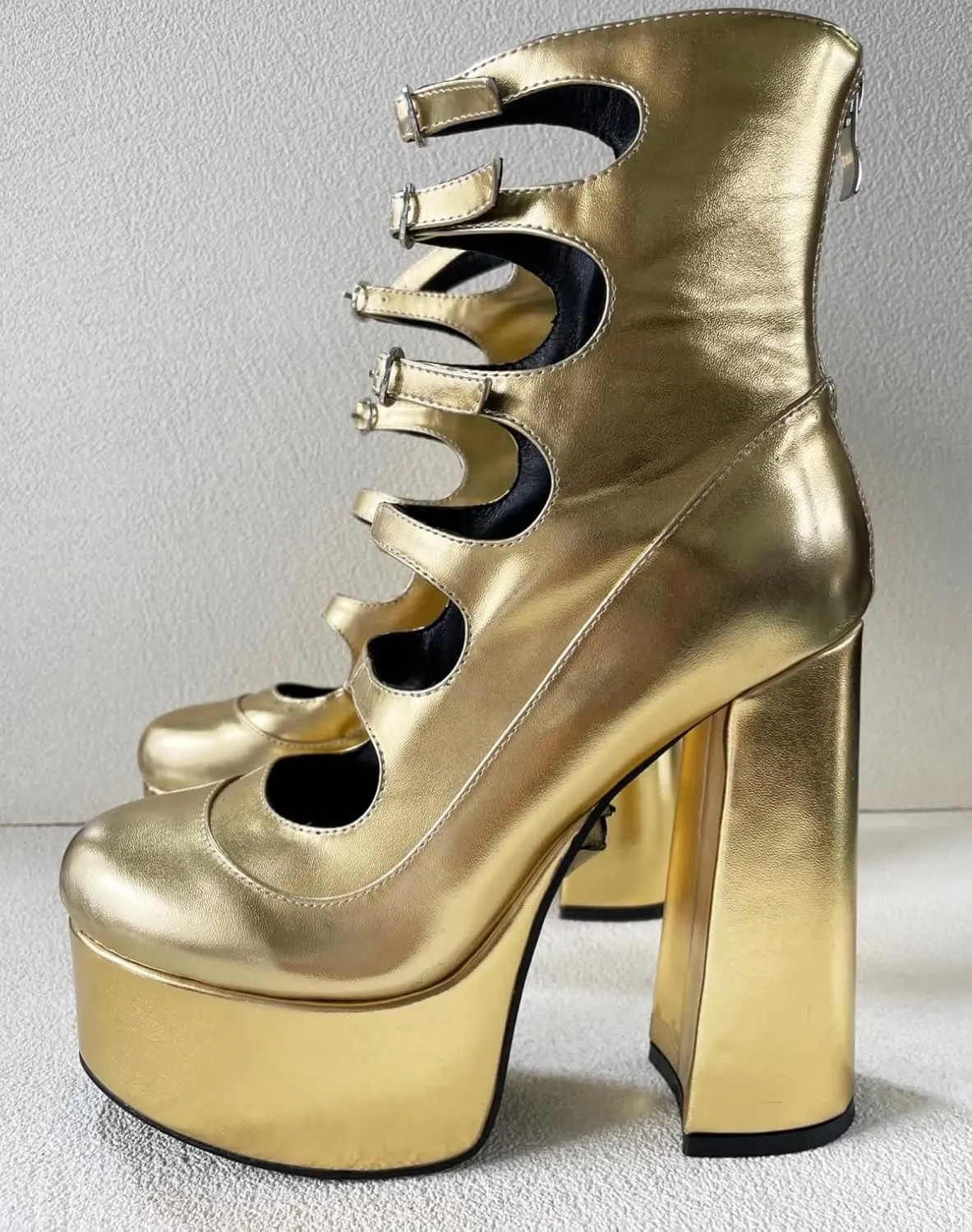 Frankie Hsu Lolita Women's Large Size Buckle Strap Leopard Patent Leather Platform Chunky Block High Heels Ankle Heeled Sandal Boots Shoes