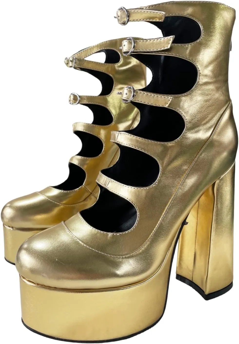 Frankie Hsu Lolita Women's Large Size Buckle Strap Leopard Patent Leather Platform Chunky Block High Heels Ankle Heeled Sandal Boots Shoes