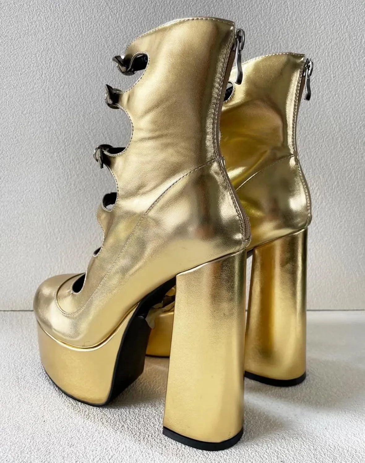 Frankie Hsu Lolita Women's Large Size Buckle Strap Leopard Patent Leather Platform Chunky Block High Heels Ankle Heeled Sandal Boots Shoes