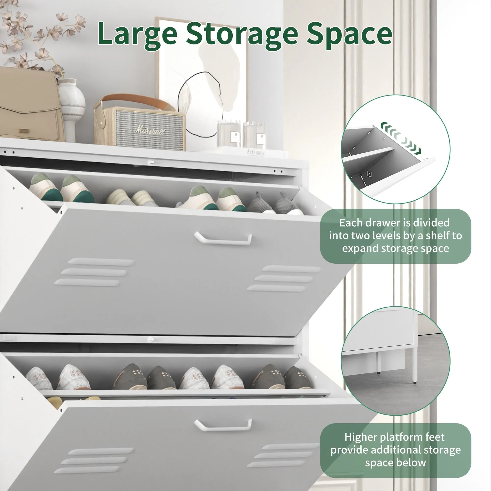 Freestanding Shoe Storage Cabinet with 3 Flip Drawers and Metal Frame