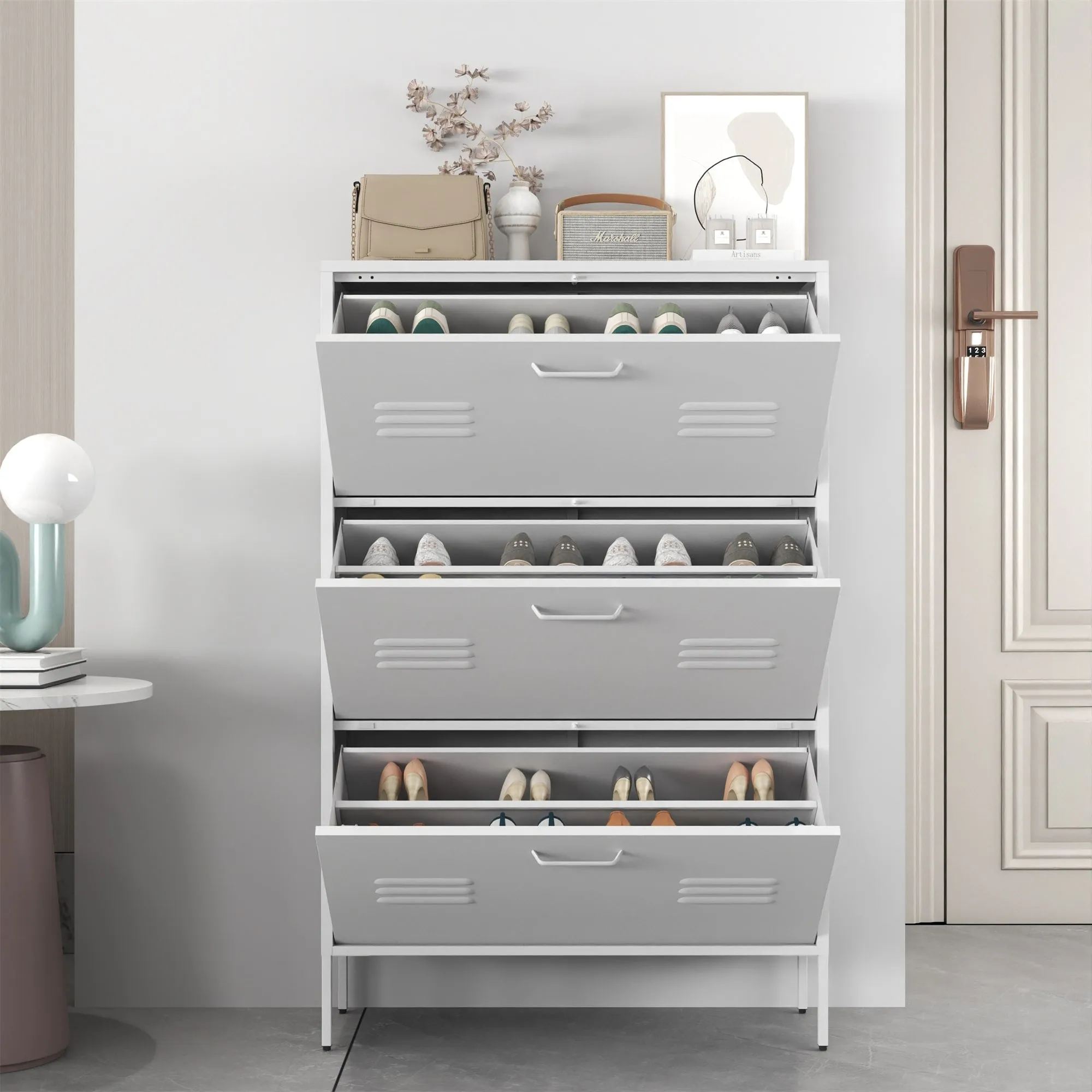 Freestanding Shoe Storage Cabinet with 3 Flip Drawers and Metal Frame