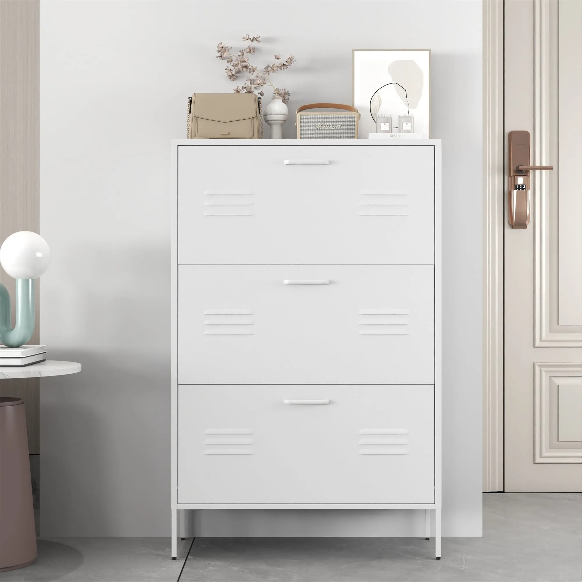 Freestanding Shoe Storage Cabinet with 3 Flip Drawers and Metal Frame