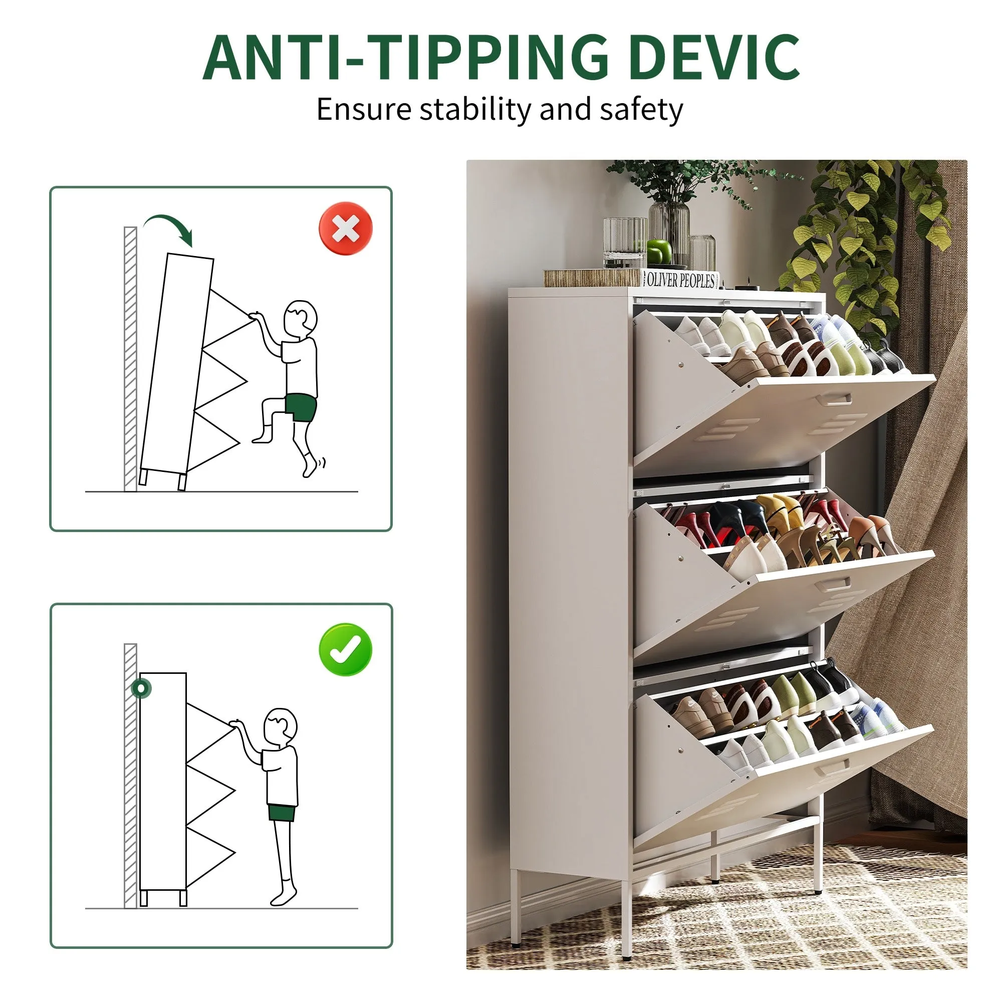 Freestanding Shoe Storage Cabinet with 3 Flip Drawers and Metal Frame