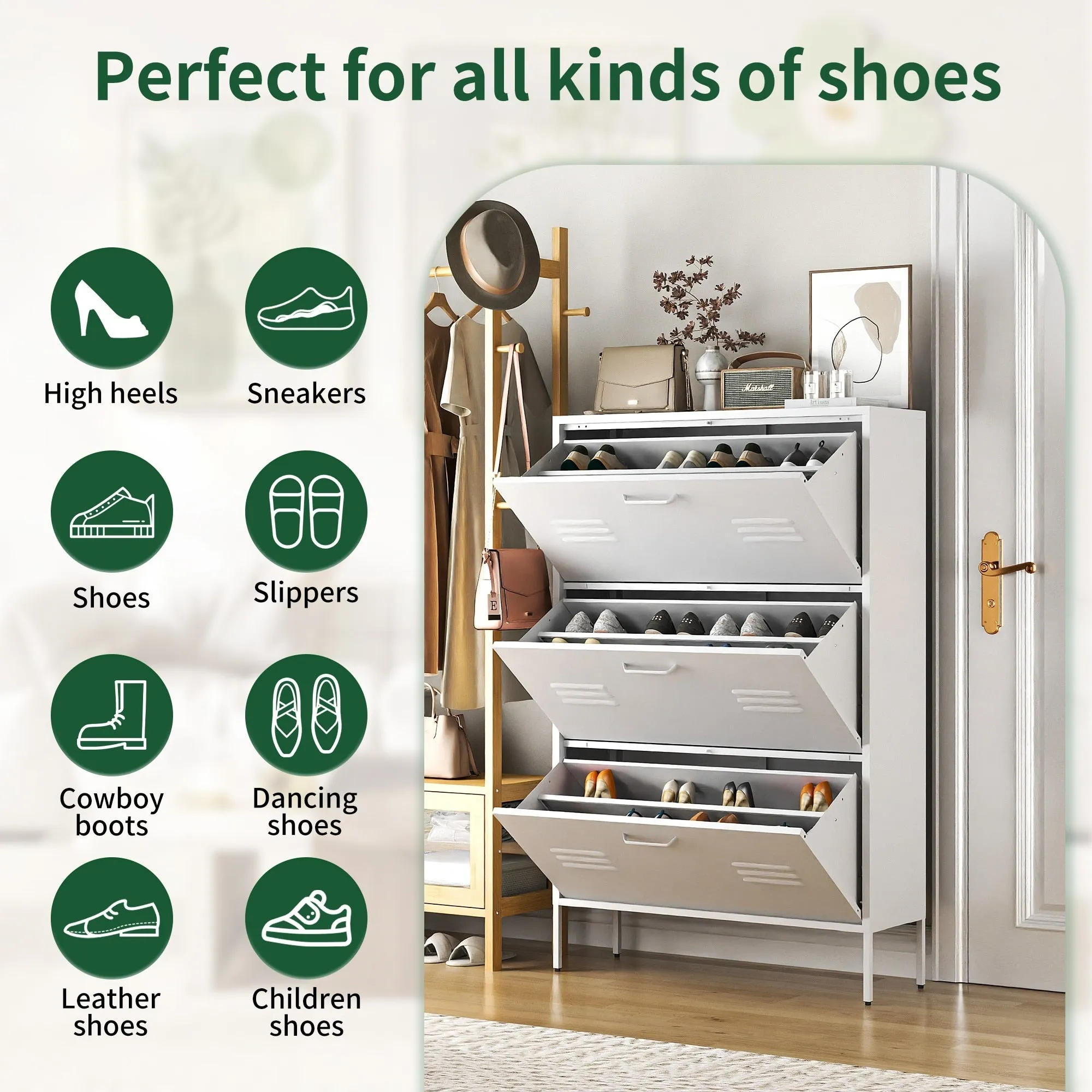 Freestanding Shoe Storage Cabinet with 3 Flip Drawers and Metal Frame