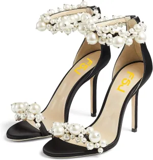 FSJ Women Fashion Dressy High Heel Stiletto Open Toe Pump Sandal Full Pearls Ankle Strap Back Zipper Party Wedding Shoes Size 4-15 US
