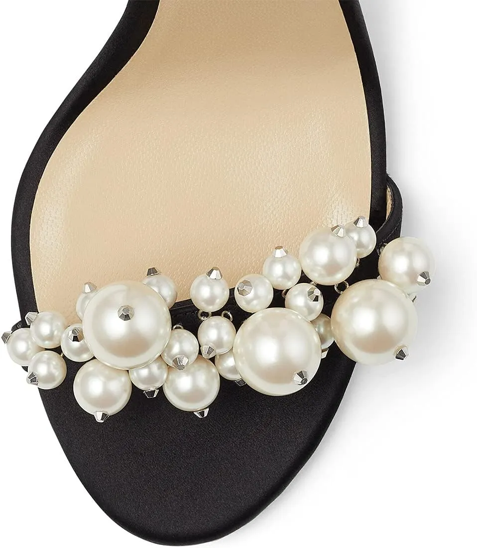 FSJ Women Fashion Dressy High Heel Stiletto Open Toe Pump Sandal Full Pearls Ankle Strap Back Zipper Party Wedding Shoes Size 4-15 US