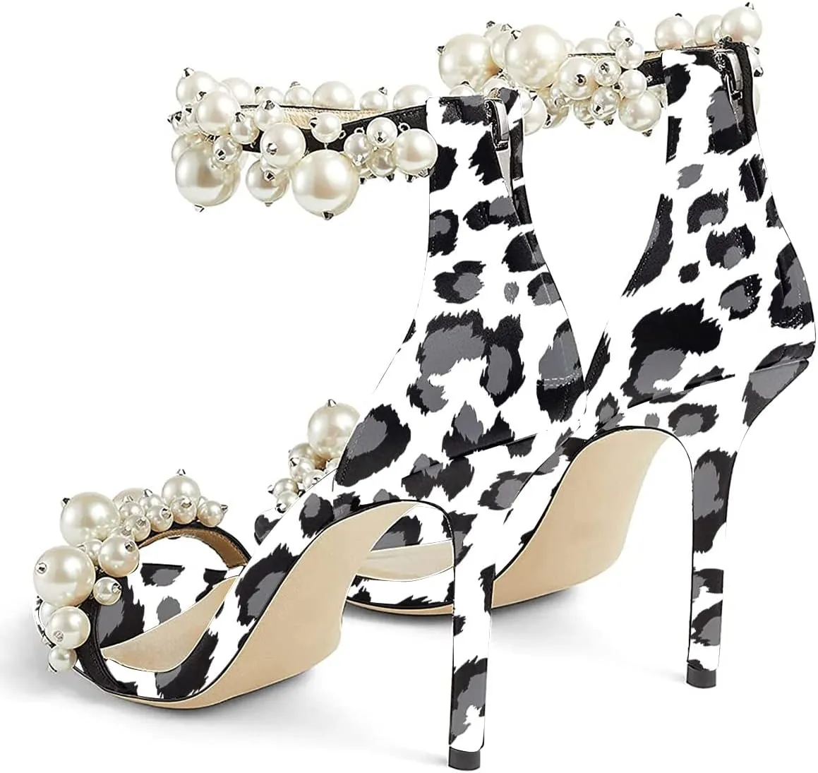 FSJ Women Fashion Dressy High Heel Stiletto Open Toe Pump Sandal Full Pearls Ankle Strap Back Zipper Party Wedding Shoes Size 4-15 US