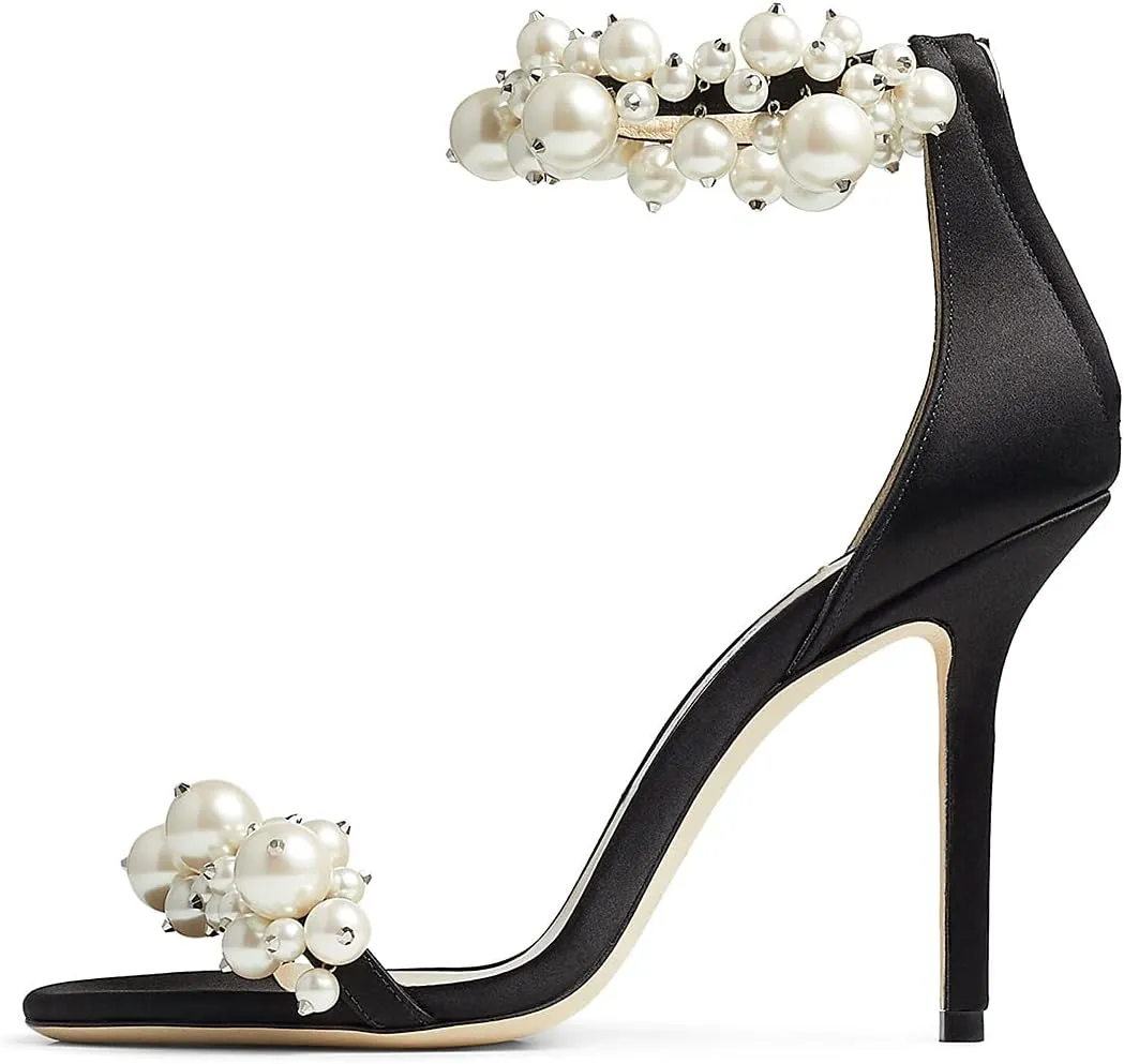 FSJ Women Fashion Dressy High Heel Stiletto Open Toe Pump Sandal Full Pearls Ankle Strap Back Zipper Party Wedding Shoes Size 4-15 US