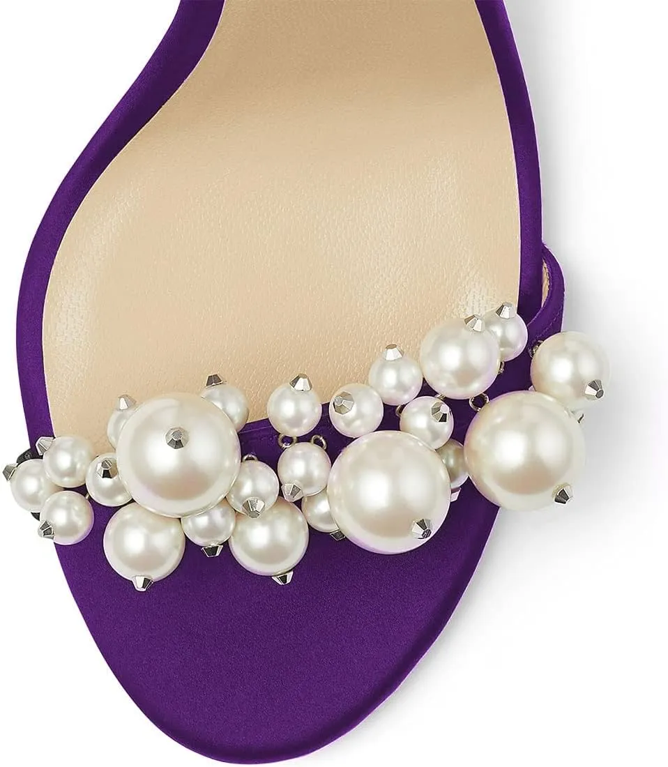 FSJ Women Fashion Dressy High Heel Stiletto Open Toe Pump Sandal Full Pearls Ankle Strap Back Zipper Party Wedding Shoes Size 4-15 US