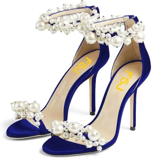 FSJ Women Fashion Dressy High Heel Stiletto Open Toe Pump Sandal Full Pearls Ankle Strap Back Zipper Party Wedding Shoes Size 4-15 US