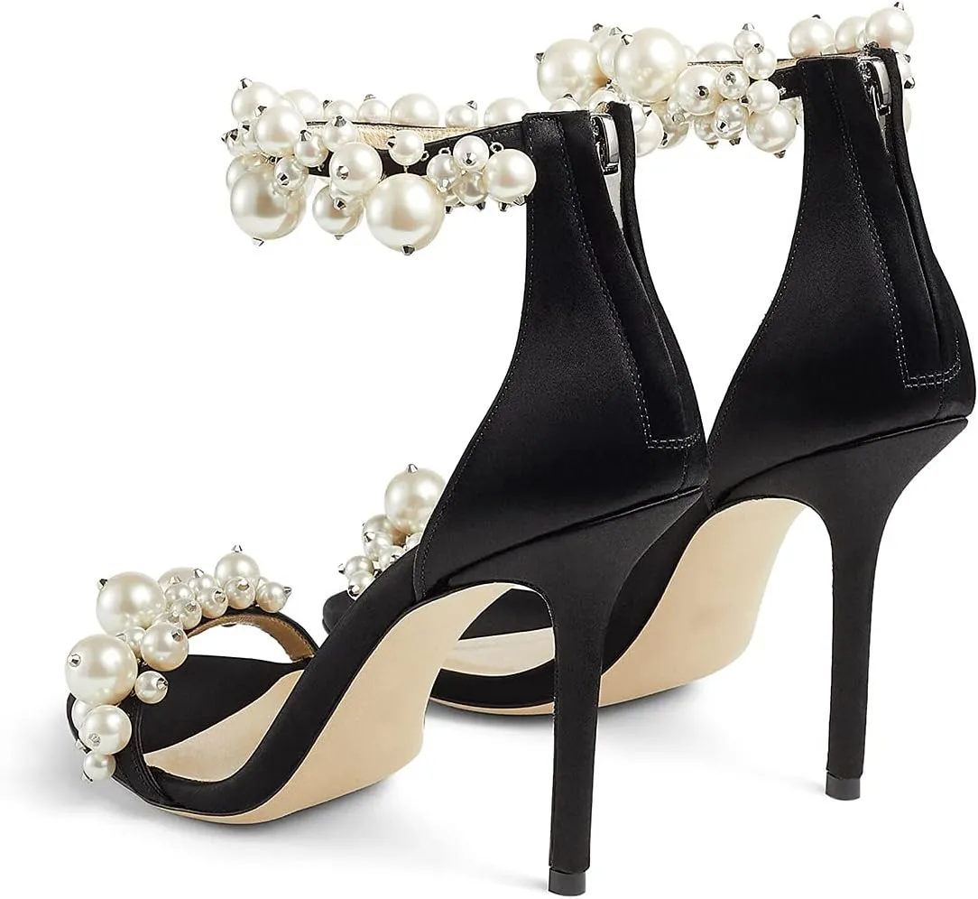 FSJ Women Fashion Dressy High Heel Stiletto Open Toe Pump Sandal Full Pearls Ankle Strap Back Zipper Party Wedding Shoes Size 4-15 US