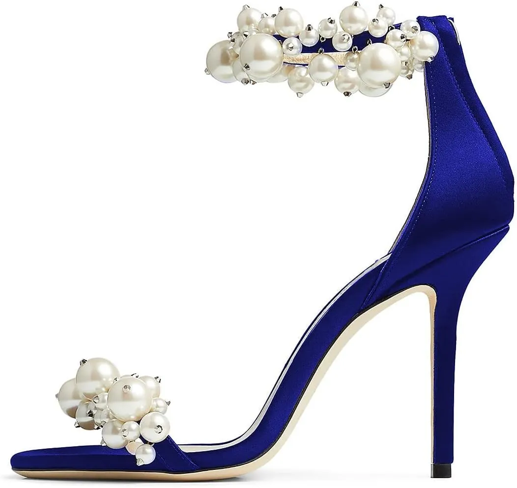 FSJ Women Fashion Dressy High Heel Stiletto Open Toe Pump Sandal Full Pearls Ankle Strap Back Zipper Party Wedding Shoes Size 4-15 US