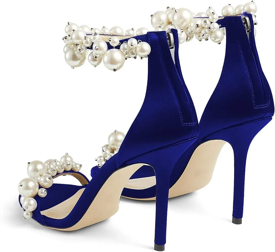 FSJ Women Fashion Dressy High Heel Stiletto Open Toe Pump Sandal Full Pearls Ankle Strap Back Zipper Party Wedding Shoes Size 4-15 US