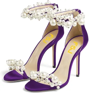 FSJ Women Fashion Dressy High Heel Stiletto Open Toe Pump Sandal Full Pearls Ankle Strap Back Zipper Party Wedding Shoes Size 4-15 US