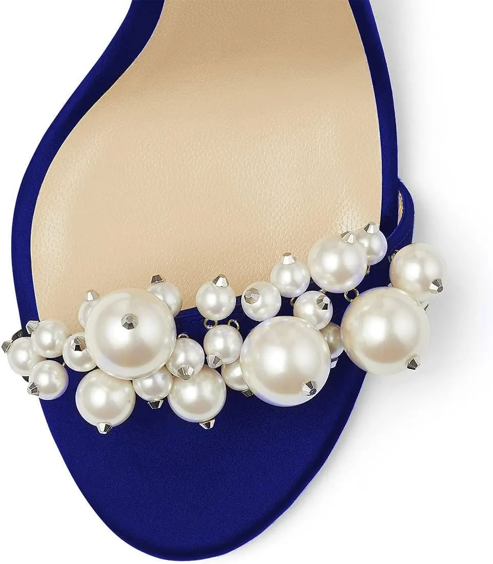 FSJ Women Fashion Dressy High Heel Stiletto Open Toe Pump Sandal Full Pearls Ankle Strap Back Zipper Party Wedding Shoes Size 4-15 US