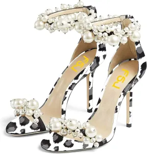FSJ Women Fashion Dressy High Heel Stiletto Open Toe Pump Sandal Full Pearls Ankle Strap Back Zipper Party Wedding Shoes Size 4-15 US