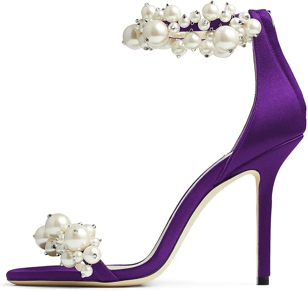 FSJ Women Fashion Dressy High Heel Stiletto Open Toe Pump Sandal Full Pearls Ankle Strap Back Zipper Party Wedding Shoes Size 4-15 US