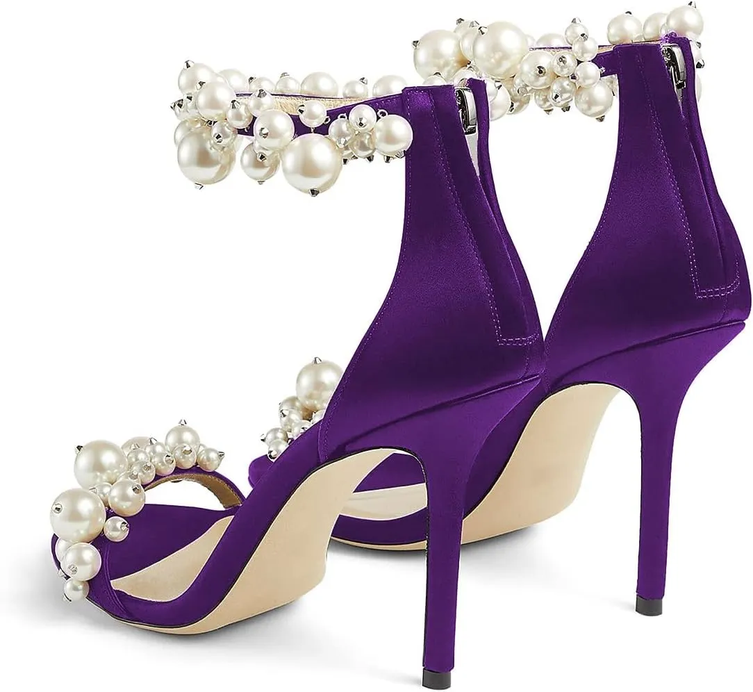 FSJ Women Fashion Dressy High Heel Stiletto Open Toe Pump Sandal Full Pearls Ankle Strap Back Zipper Party Wedding Shoes Size 4-15 US