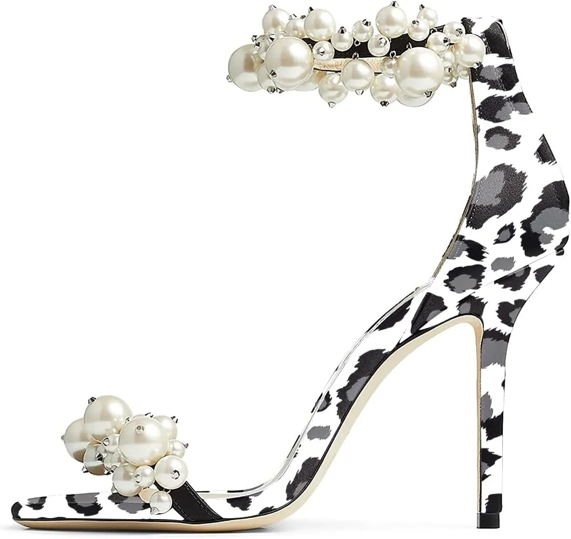 FSJ Women Fashion Dressy High Heel Stiletto Open Toe Pump Sandal Full Pearls Ankle Strap Back Zipper Party Wedding Shoes Size 4-15 US