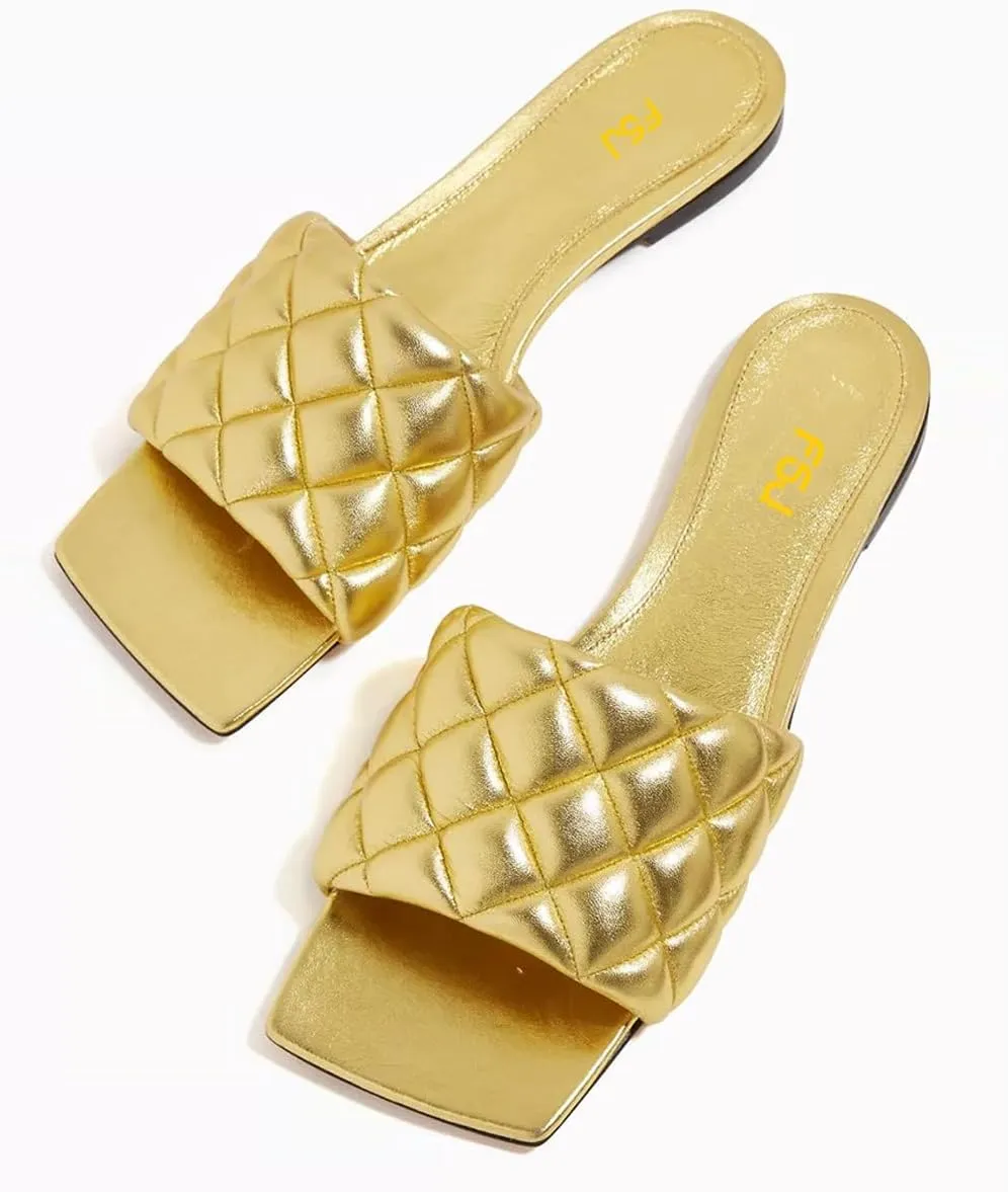 FSJ Women Fashion Open Square Toe Slide Sandals Slip on Slipper Flats Office Date Ladies Shoes