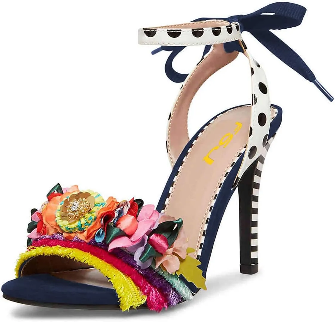 FSJ Women Floral Stiletto High Heel Sandal Ankle Strap Open Toe Pump D'Orsay Polka Dot Lace up Dress Party Summer Shoes Size 4-15 US