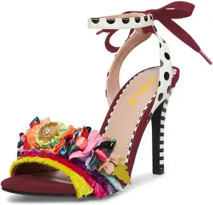 FSJ Women Floral Stiletto High Heel Sandal Ankle Strap Open Toe Pump D'Orsay Polka Dot Lace up Dress Party Summer Shoes Size 4-15 US