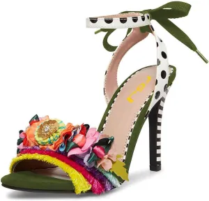 FSJ Women Floral Stiletto High Heel Sandal Ankle Strap Open Toe Pump D'Orsay Polka Dot Lace up Dress Party Summer Shoes Size 4-15 US