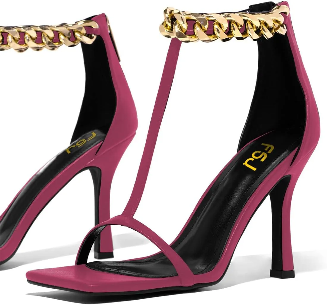 FSJ Women Trendy Ankle Strap Stiletto Square Open Toe Sandal High Heel Sexy T-Strap Pumps Gold Chain Back Zipper Party Prom Dress Shoe Size 4-15 US