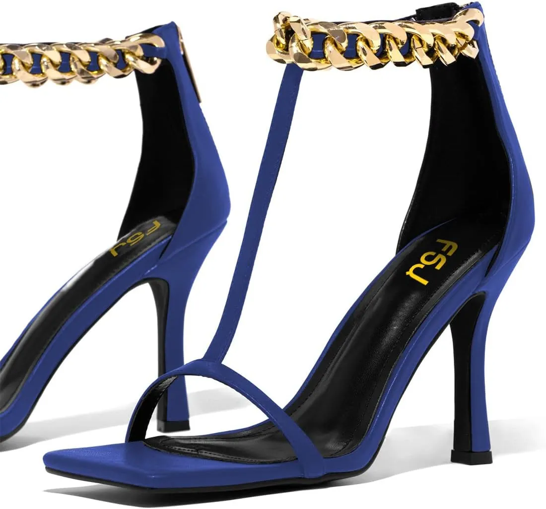 FSJ Women Trendy Ankle Strap Stiletto Square Open Toe Sandal High Heel Sexy T-Strap Pumps Gold Chain Back Zipper Party Prom Dress Shoe Size 4-15 US