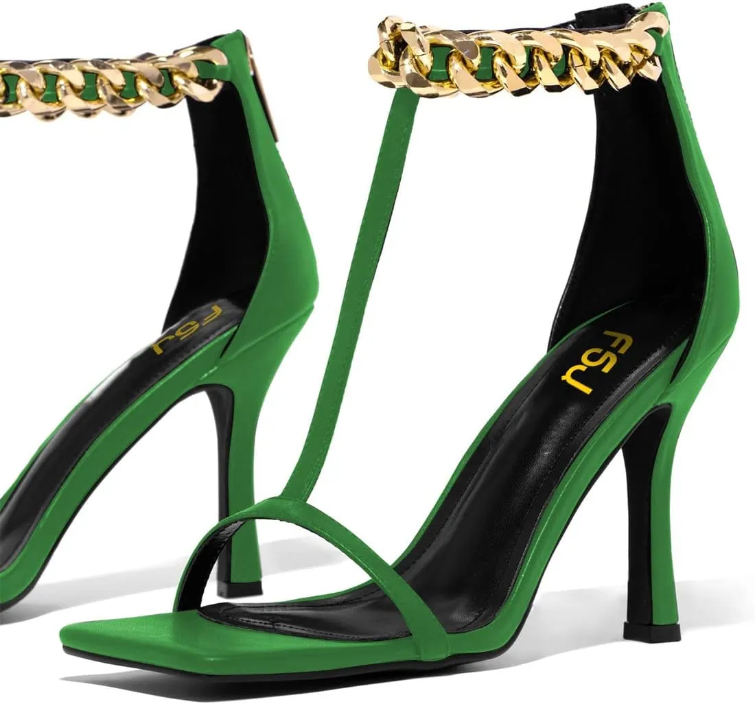 FSJ Women Trendy Ankle Strap Stiletto Square Open Toe Sandal High Heel Sexy T-Strap Pumps Gold Chain Back Zipper Party Prom Dress Shoe Size 4-15 US