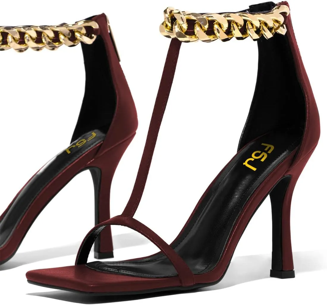 FSJ Women Trendy Ankle Strap Stiletto Square Open Toe Sandal High Heel Sexy T-Strap Pumps Gold Chain Back Zipper Party Prom Dress Shoe Size 4-15 US