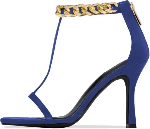 FSJ Women Trendy Ankle Strap Stiletto Square Open Toe Sandal High Heel Sexy T-Strap Pumps Gold Chain Back Zipper Party Prom Dress Shoe Size 4-15 US