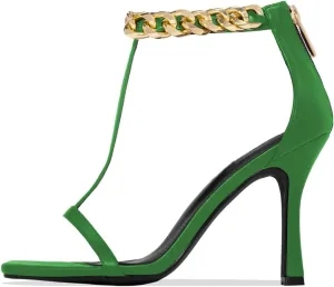 FSJ Women Trendy Ankle Strap Stiletto Square Open Toe Sandal High Heel Sexy T-Strap Pumps Gold Chain Back Zipper Party Prom Dress Shoe Size 4-15 US