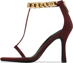 FSJ Women Trendy Ankle Strap Stiletto Square Open Toe Sandal High Heel Sexy T-Strap Pumps Gold Chain Back Zipper Party Prom Dress Shoe Size 4-15 US