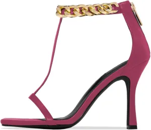 FSJ Women Trendy Ankle Strap Stiletto Square Open Toe Sandal High Heel Sexy T-Strap Pumps Gold Chain Back Zipper Party Prom Dress Shoe Size 4-15 US