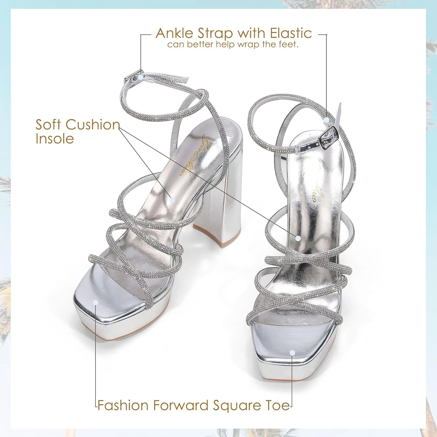 GENSHUO Women's Chunky Platform High Heels Block Heeled Sandals Open Square Toe Ankle Strap Dress Wedding Party Sandal Shoes
