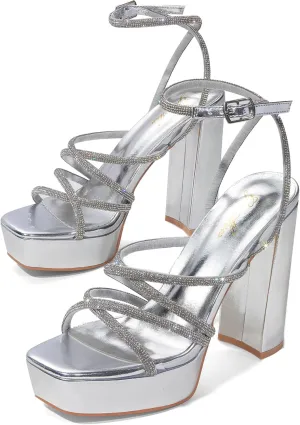 GENSHUO Women's Chunky Platform High Heels Block Heeled Sandals Open Square Toe Ankle Strap Dress Wedding Party Sandal Shoes
