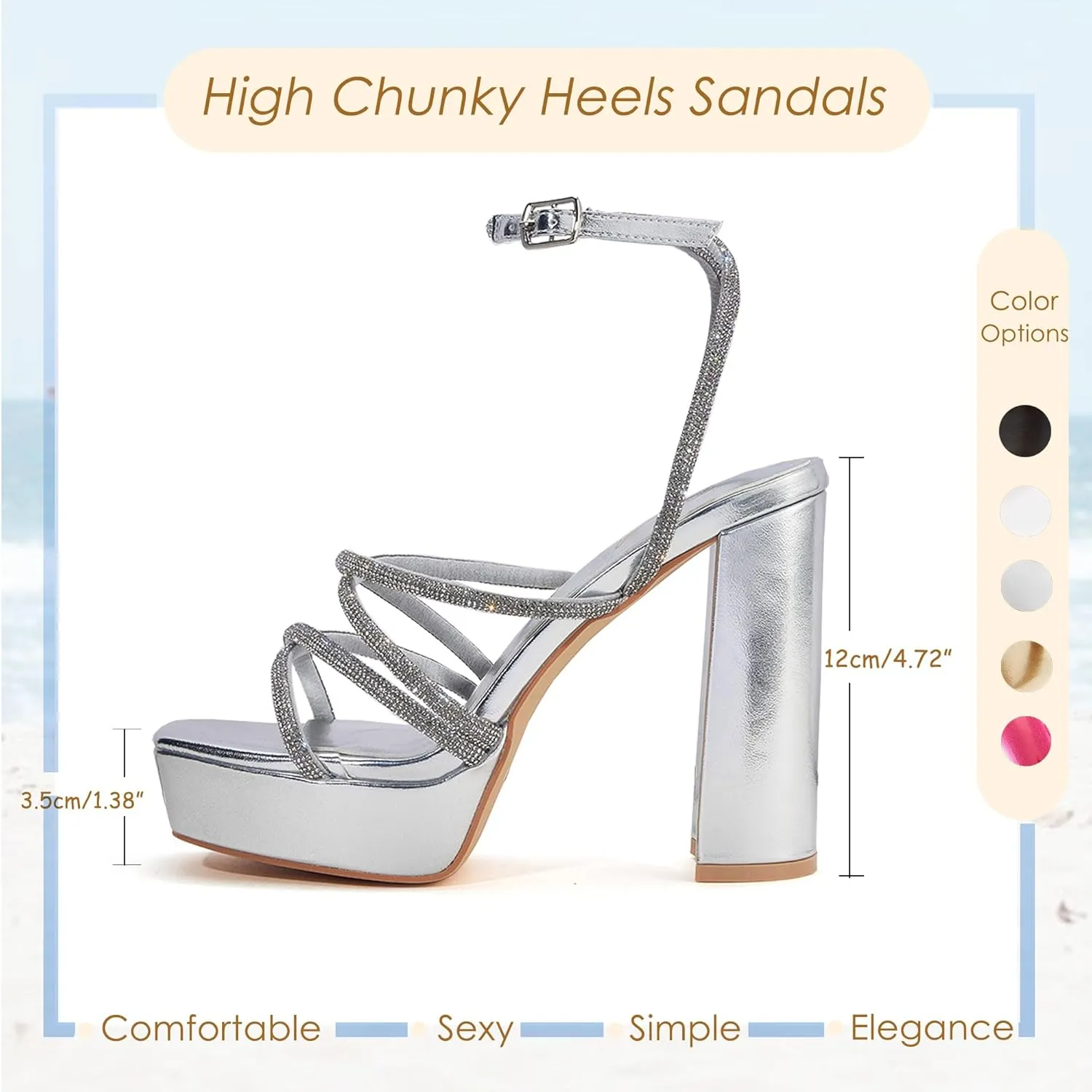 GENSHUO Women's Chunky Platform High Heels Block Heeled Sandals Open Square Toe Ankle Strap Dress Wedding Party Sandal Shoes