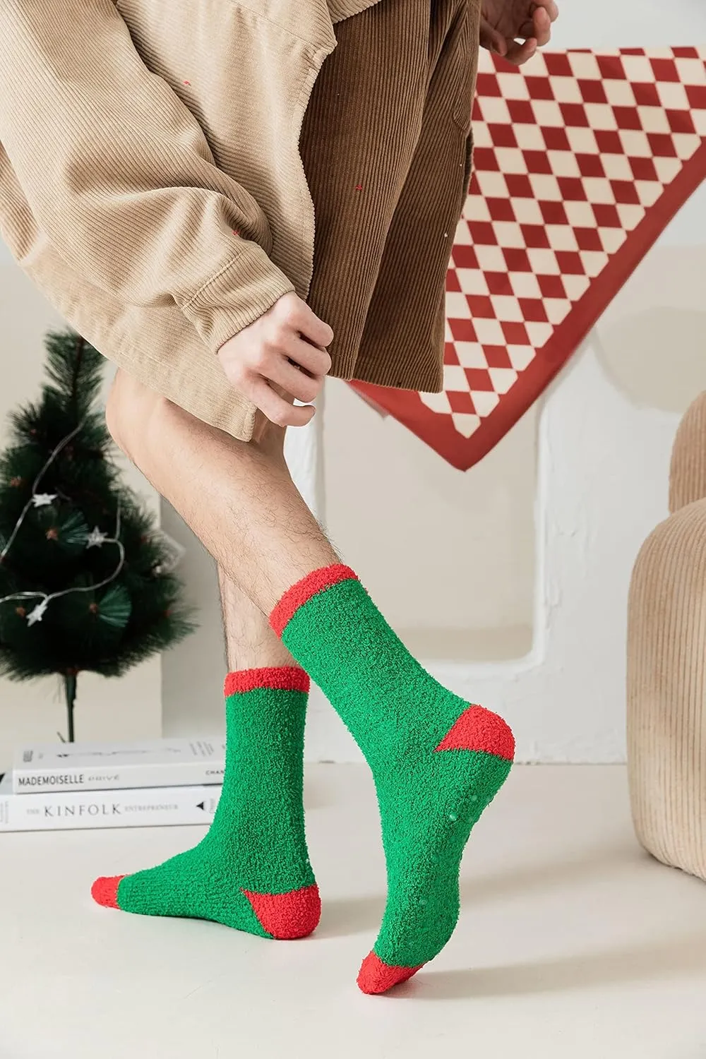 Gilbins Mens-Womens Christmas Holiday Fuzzy Socks with Grips Non Slip Skid Slipper Fluffy Hospital Winter Crew Sleep Socks