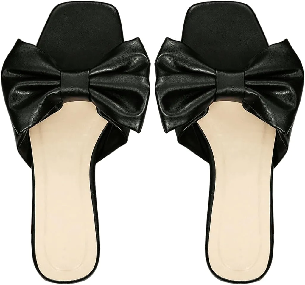 GORGLITTER Women's Bow Flat Sandals Dressy Square Open Toe Sandals Comfortable Slip On Slide Sandals