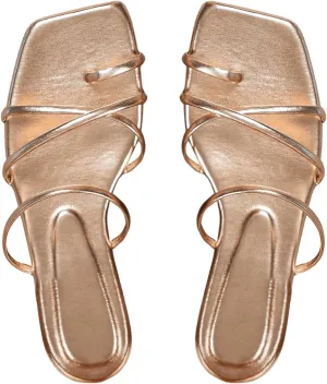 GORGLITTER Women's Metallic Strappy Sparkly Sandals Dressy Cute Slip on Slide Vacation Summer Weeding Flats Sandals