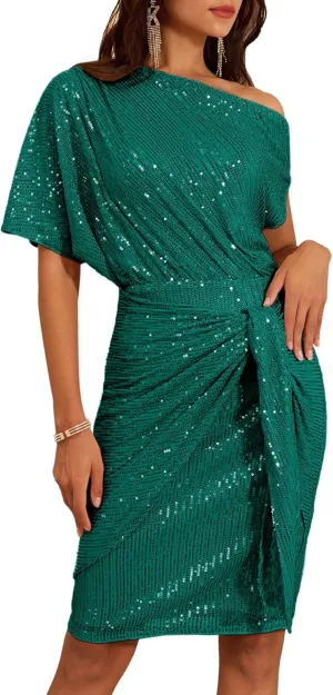 GRACE KARIN Women's Sequin Sparkly Glitter Party Club Dress One Shoulder Ruched Cocktail Bodycon Dress
