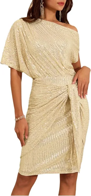 GRACE KARIN Women's Sequin Sparkly Glitter Party Club Dress One Shoulder Ruched Cocktail Bodycon Dress