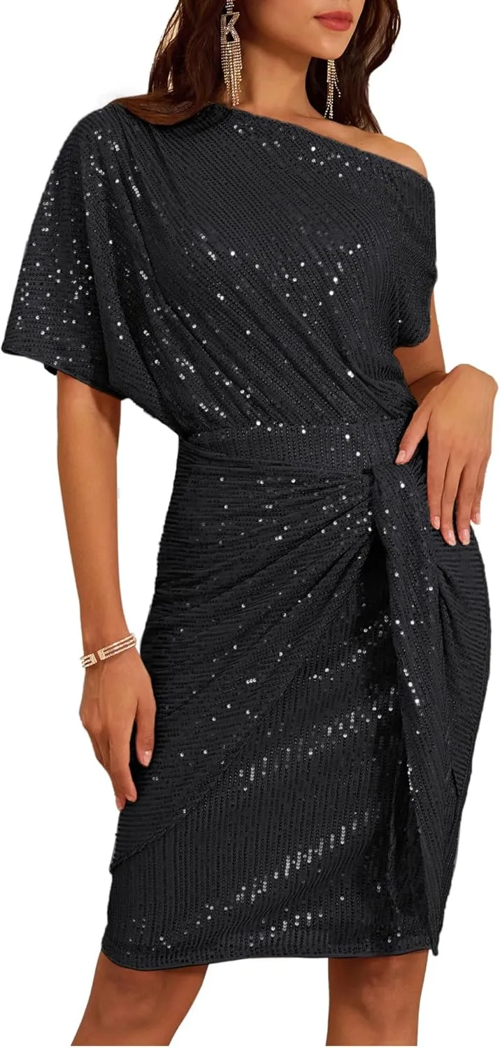 GRACE KARIN Women's Sequin Sparkly Glitter Party Club Dress One Shoulder Ruched Cocktail Bodycon Dress