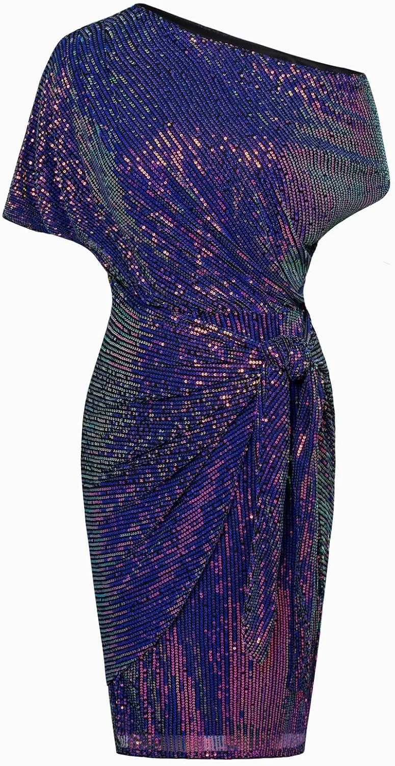 GRACE KARIN Women's Sequin Sparkly Glitter Party Club Dress One Shoulder Ruched Cocktail Bodycon Dress