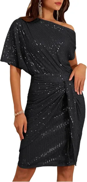 GRACE KARIN Women's Sequin Sparkly Glitter Party Club Dress One Shoulder Ruched Cocktail Bodycon Dress