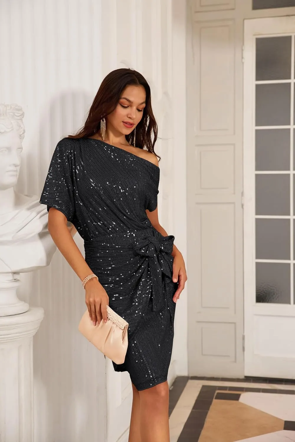 GRACE KARIN Women's Sequin Sparkly Glitter Party Club Dress One Shoulder Ruched Cocktail Bodycon Dress