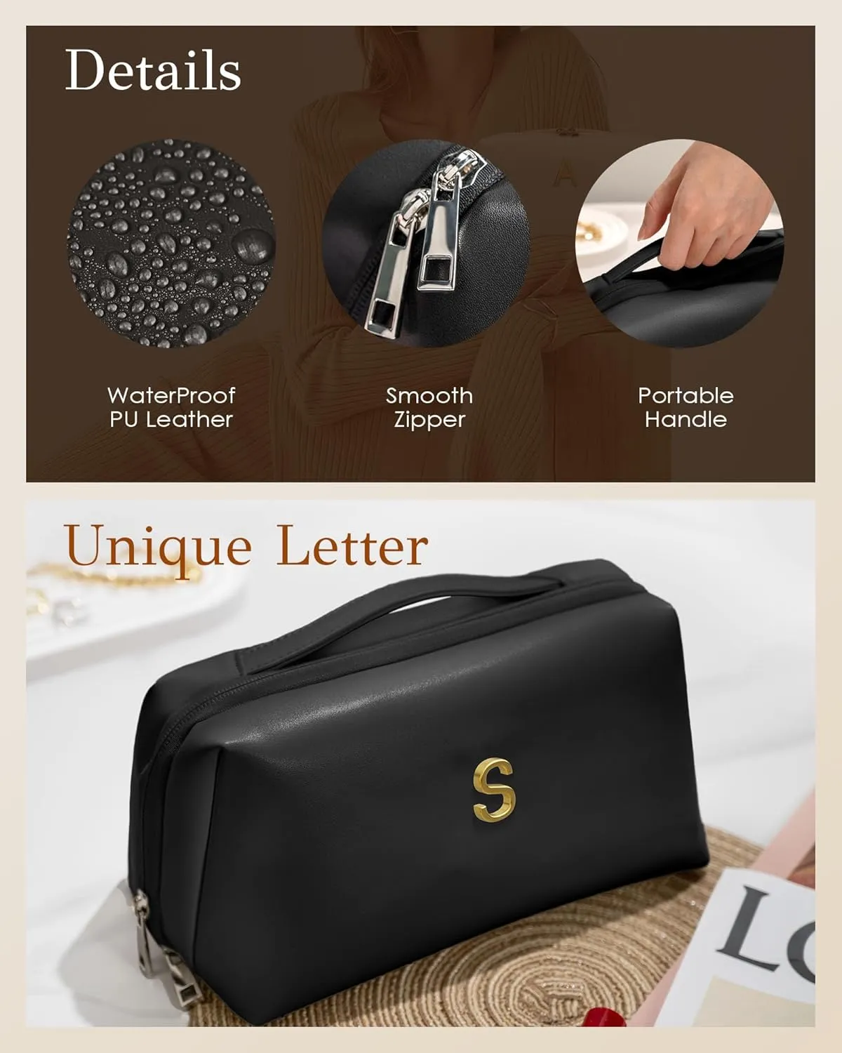 Graduation Gifts - Initial Makeup Bag for Women Girls, Bridesmaid Gifts, Thank You Gifts Idea, Gifts for Women, Large Capacity & Wide Open Cosmetic Toiletry Bags, Friends Gift